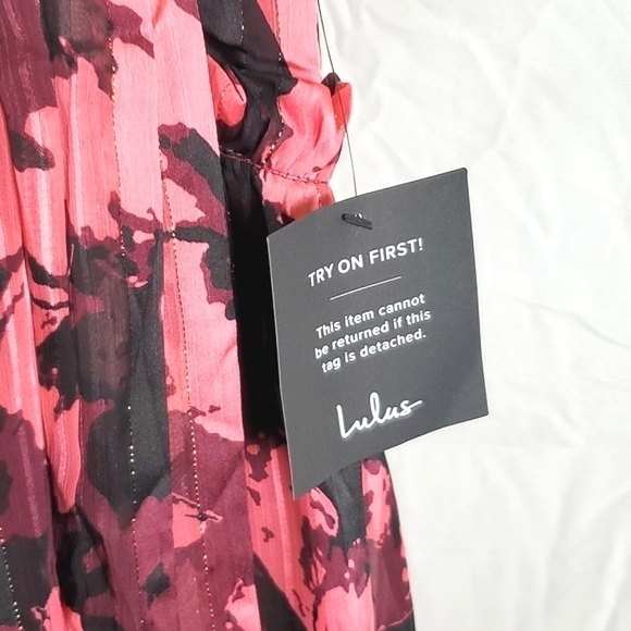 NWT Lulus Winning Your Heart Burgundy Floral Lurex Wrap Midi‎ Dress - Picture 6 of 9